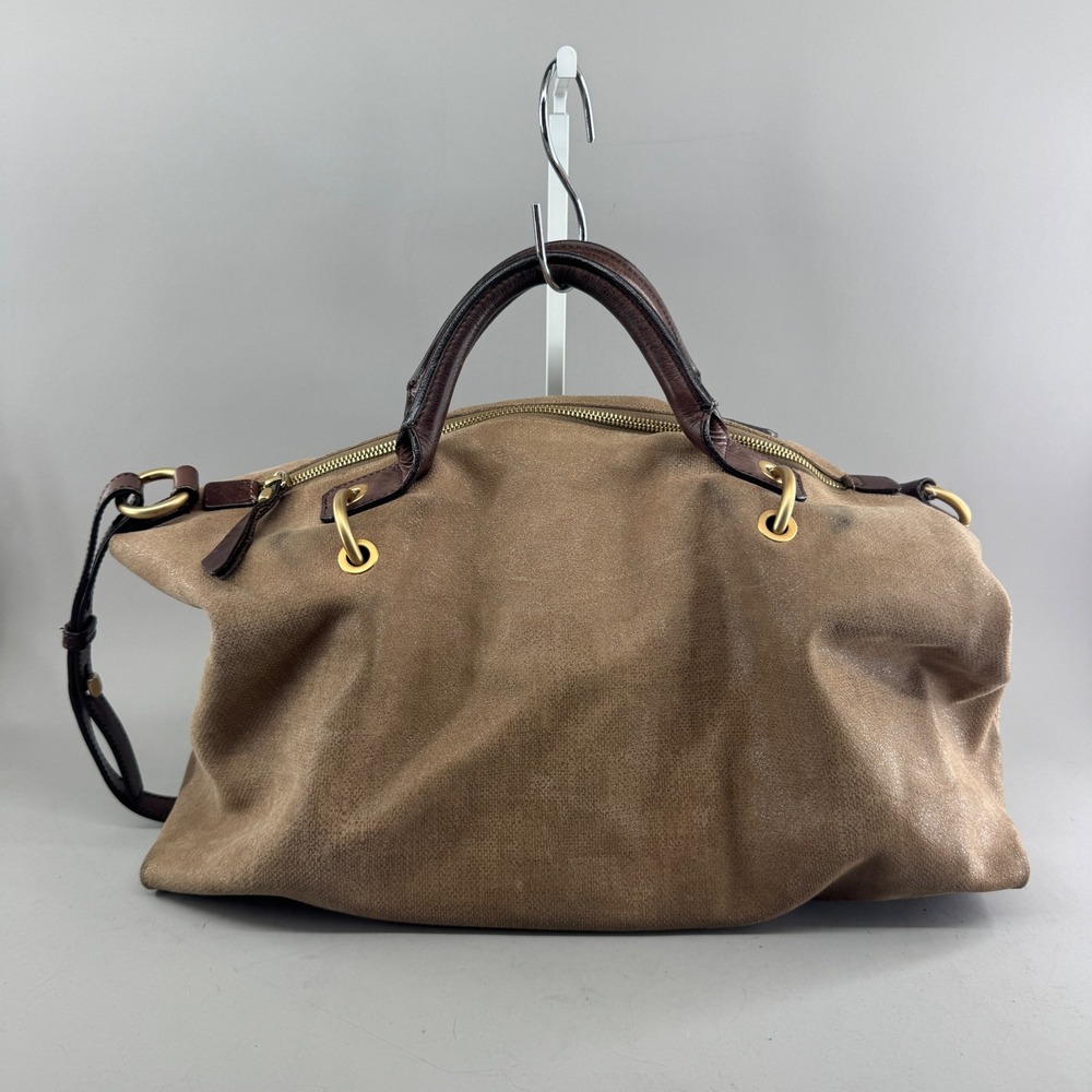 Francesco Biasia Metallic Fabric Leather Satchel Bag Large Made in Italy Brown